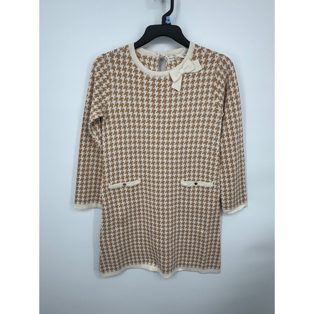 NWT Hope & Henry‎ Sweater Dress Girls 10 Tan Houndstooth 100% Organic Cotton Bow